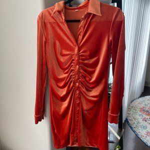 Orange Velvet Button Down Long Sleeve Dress